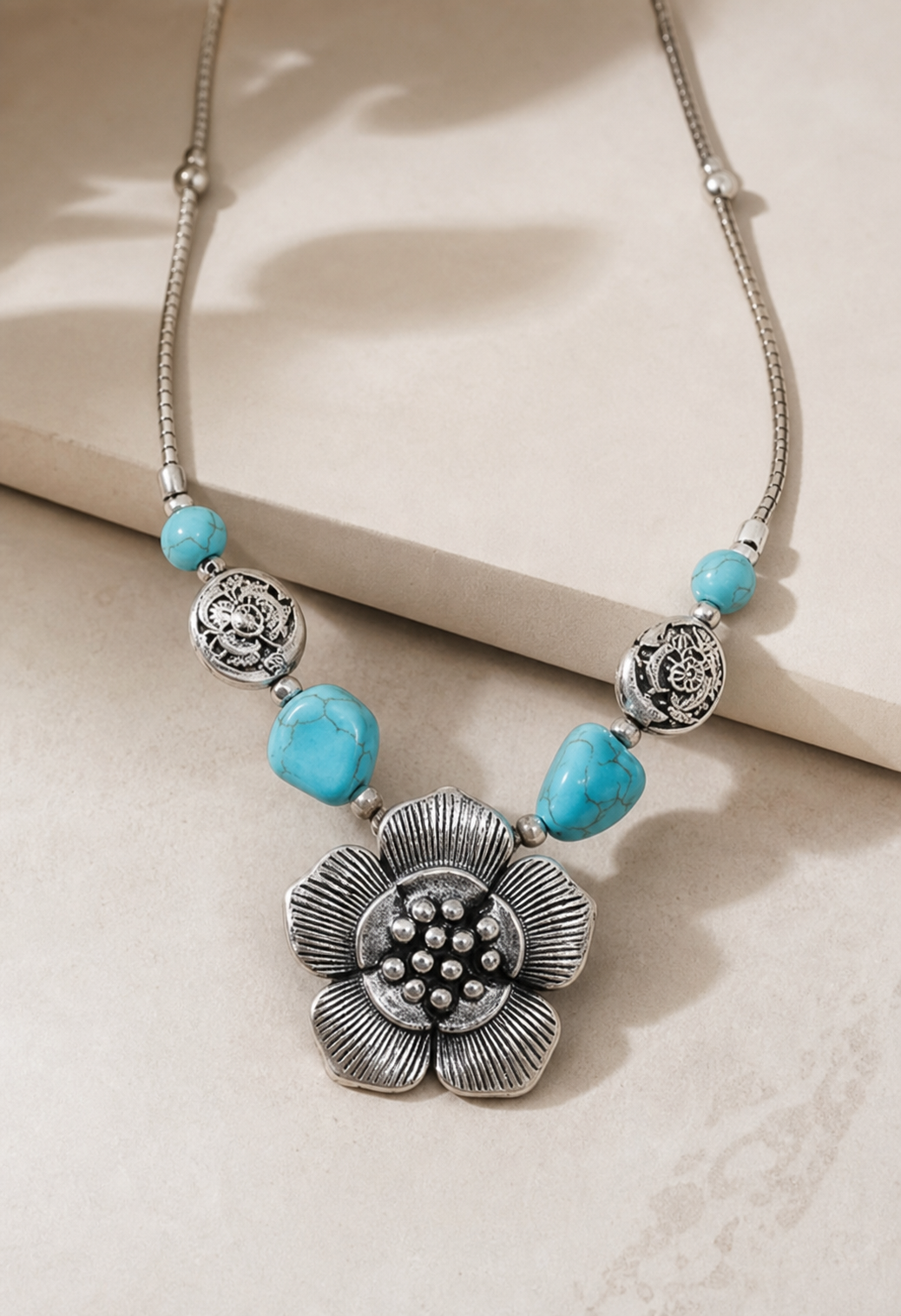 necklace,turquoise necklace,silver flower necklace,floral pendant necklace,beaded necklace,statement necklace,boutique jewelry,women's necklace,southwestern style,18 inch necklace,Studio7Fashion,Studio7Fashion