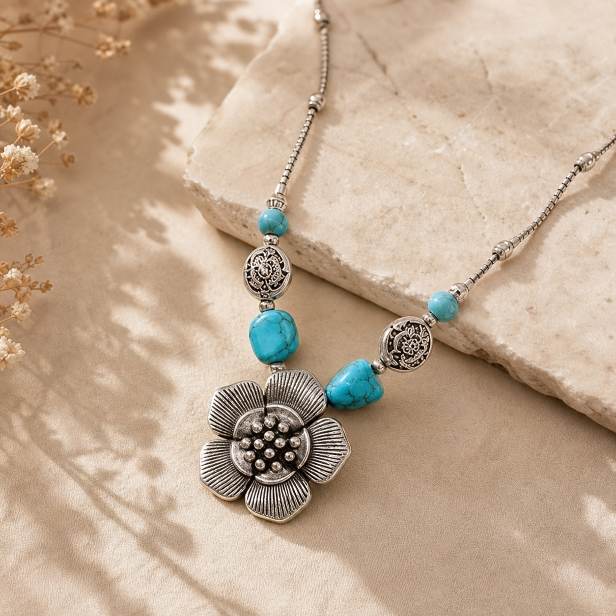 Turquoise Beaded Silver Flower Necklace,Studio7Fashion