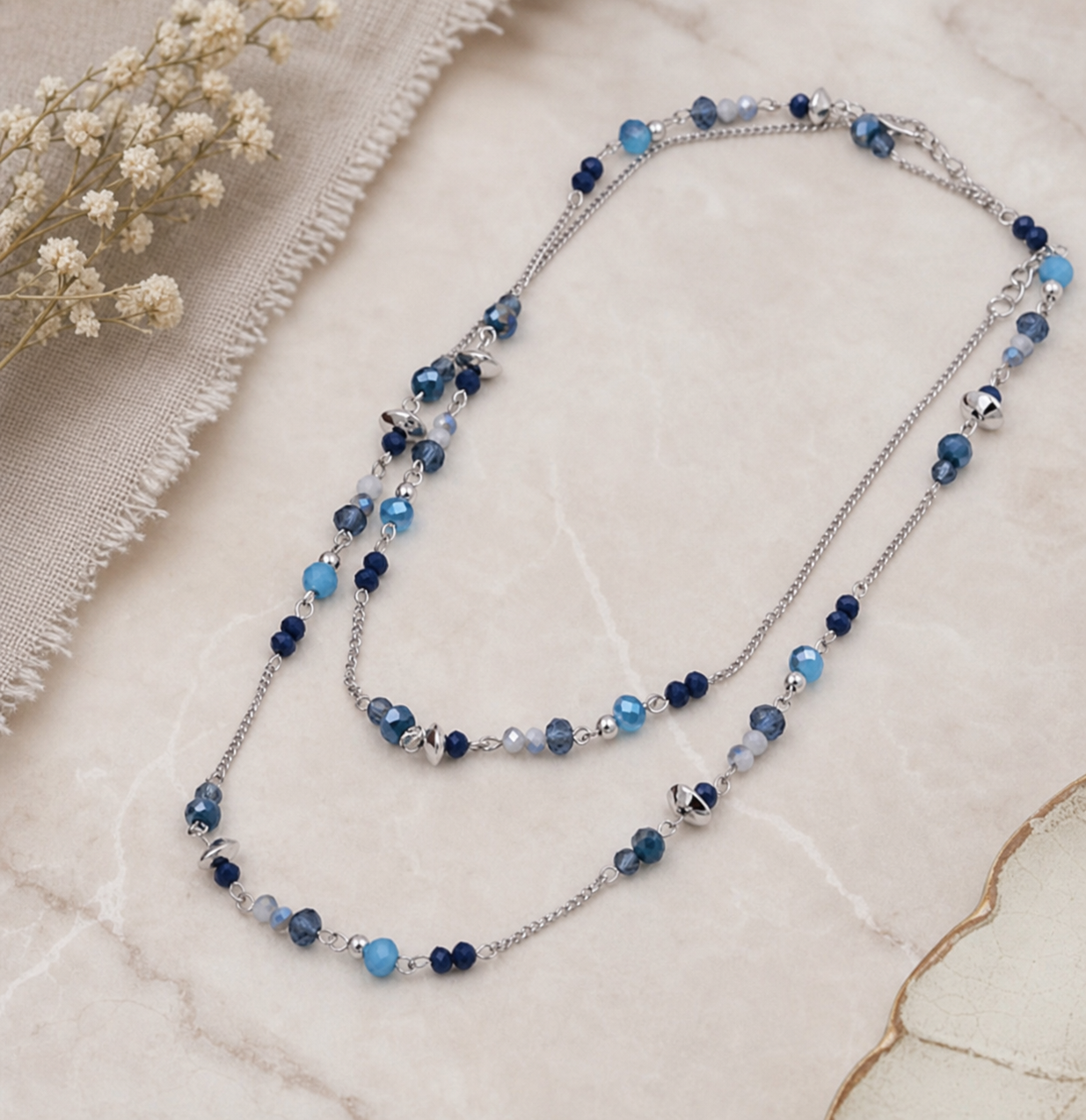 Blue and Silver Beaded Layered Necklace,Studio7Fashion