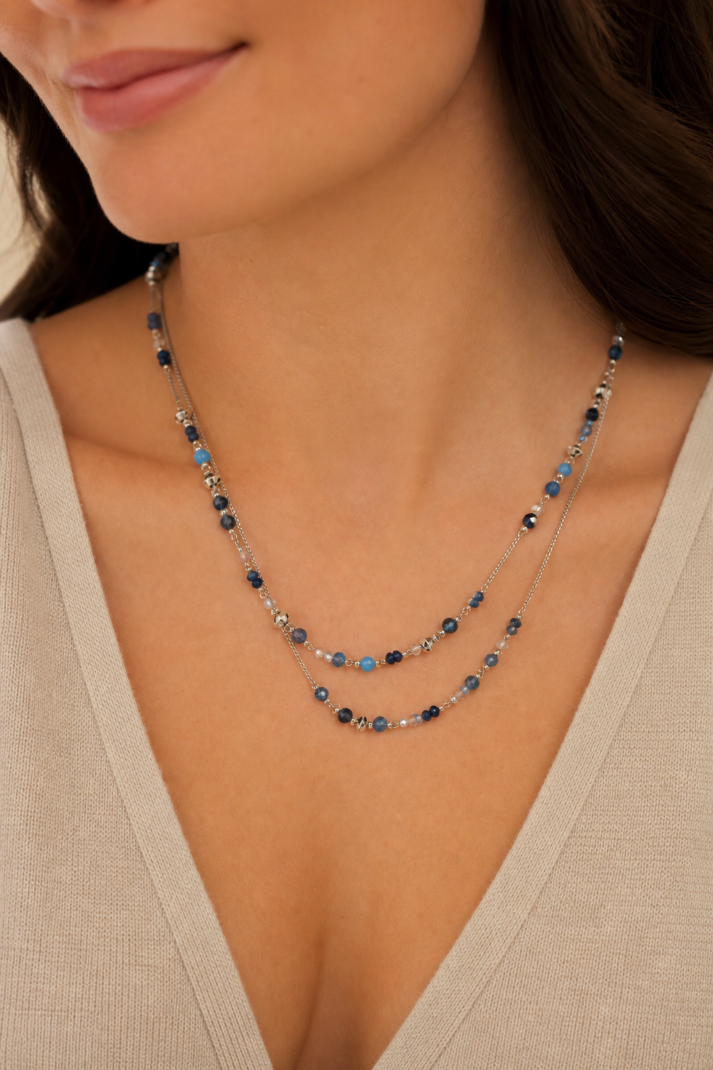 Blue and Silver Beaded Layered Necklace | Studio7Fashion,Studio7Fashion