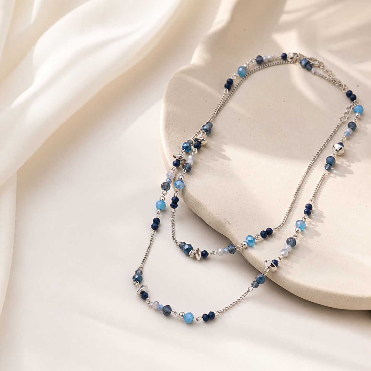 Blue and Silver Beaded Layered Necklace,Studio7Fashion