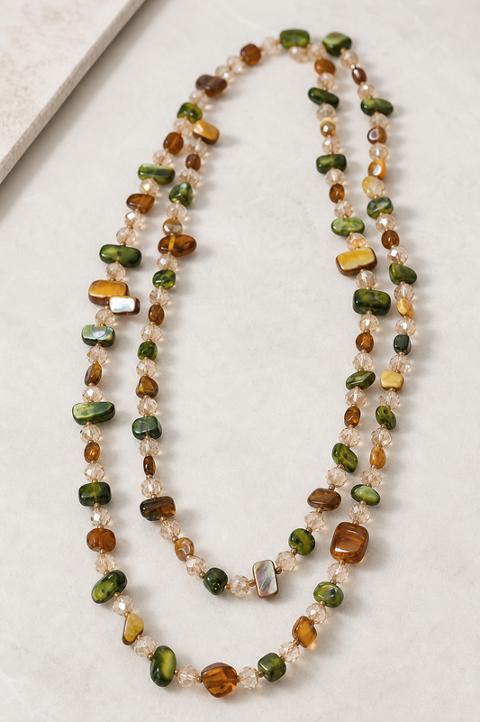 necklace, beaded necklace, continuous necklace, multicolor jewelry, green jewelry, amber jewelry, brown jewelry, earthy style, women's accessories, everyday wear, gift,Studio7Fashion