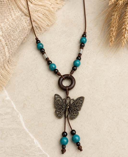 Turquoise Beaded Butterfly Pendant Necklace,Studio7Fashion