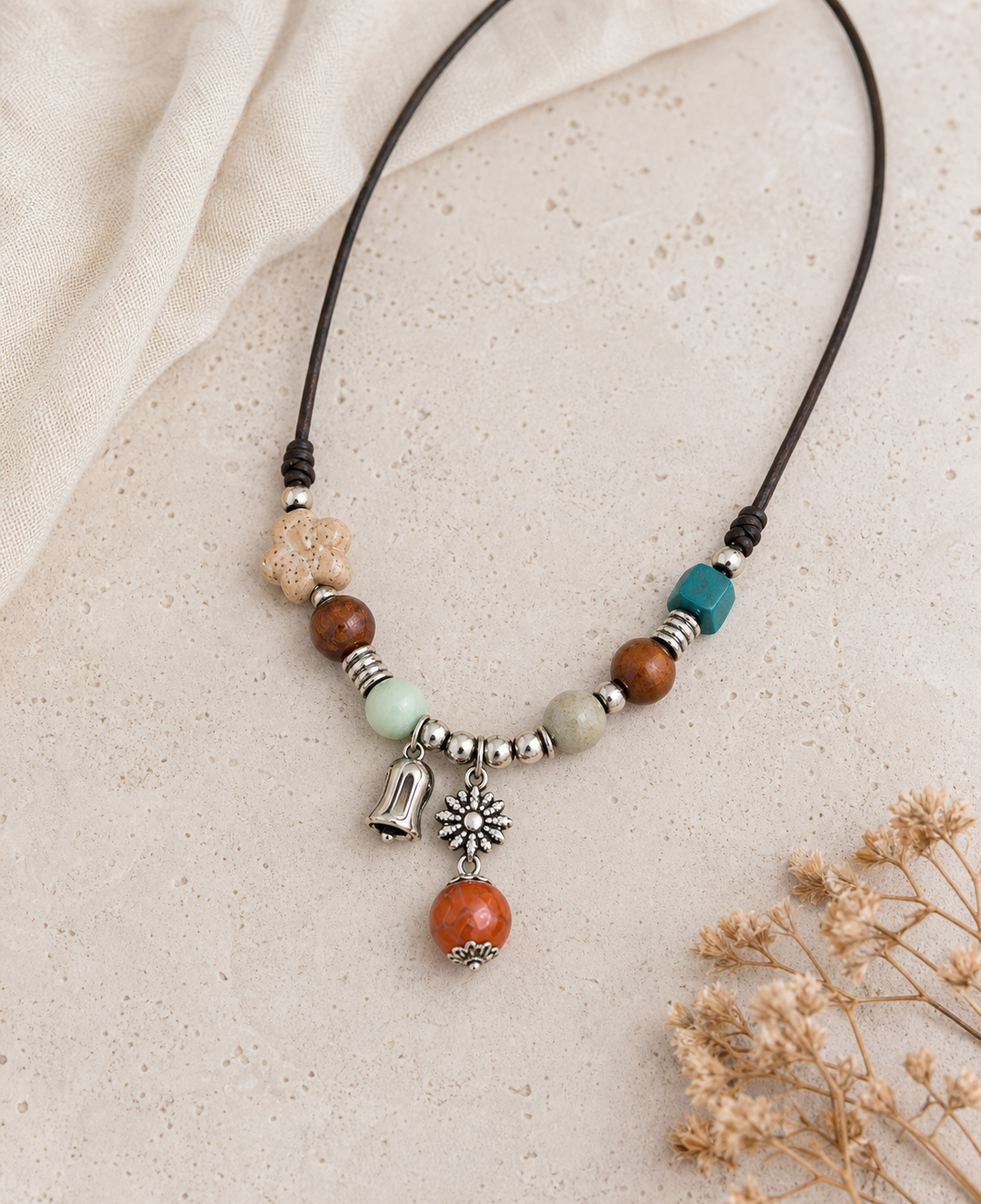 Beaded Bell and Flower Charm Necklace,Studio7Fashion