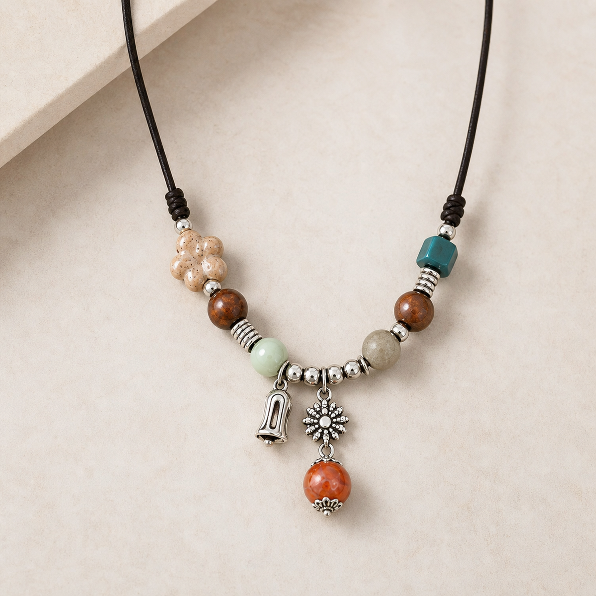 necklace, beaded necklace, charm necklace, bell charm, flower charm, colorful jewelry, earthy style, everyday wear, gift, women's jewelry,Studio7Fashion