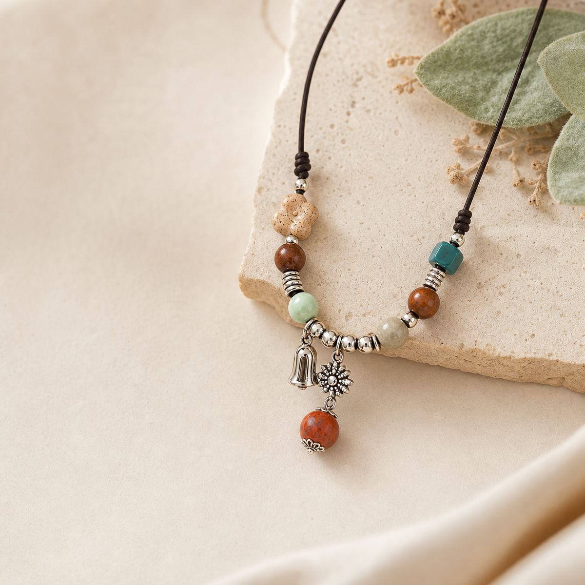 Beaded Bell and Flower Charm Necklace,Studio7Fashion