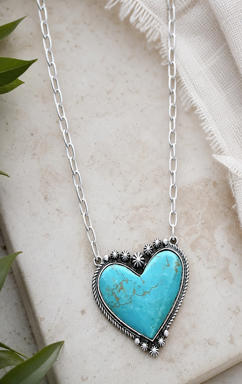 Turquoise Heart Floral Accent Necklace,Studio7Fashion