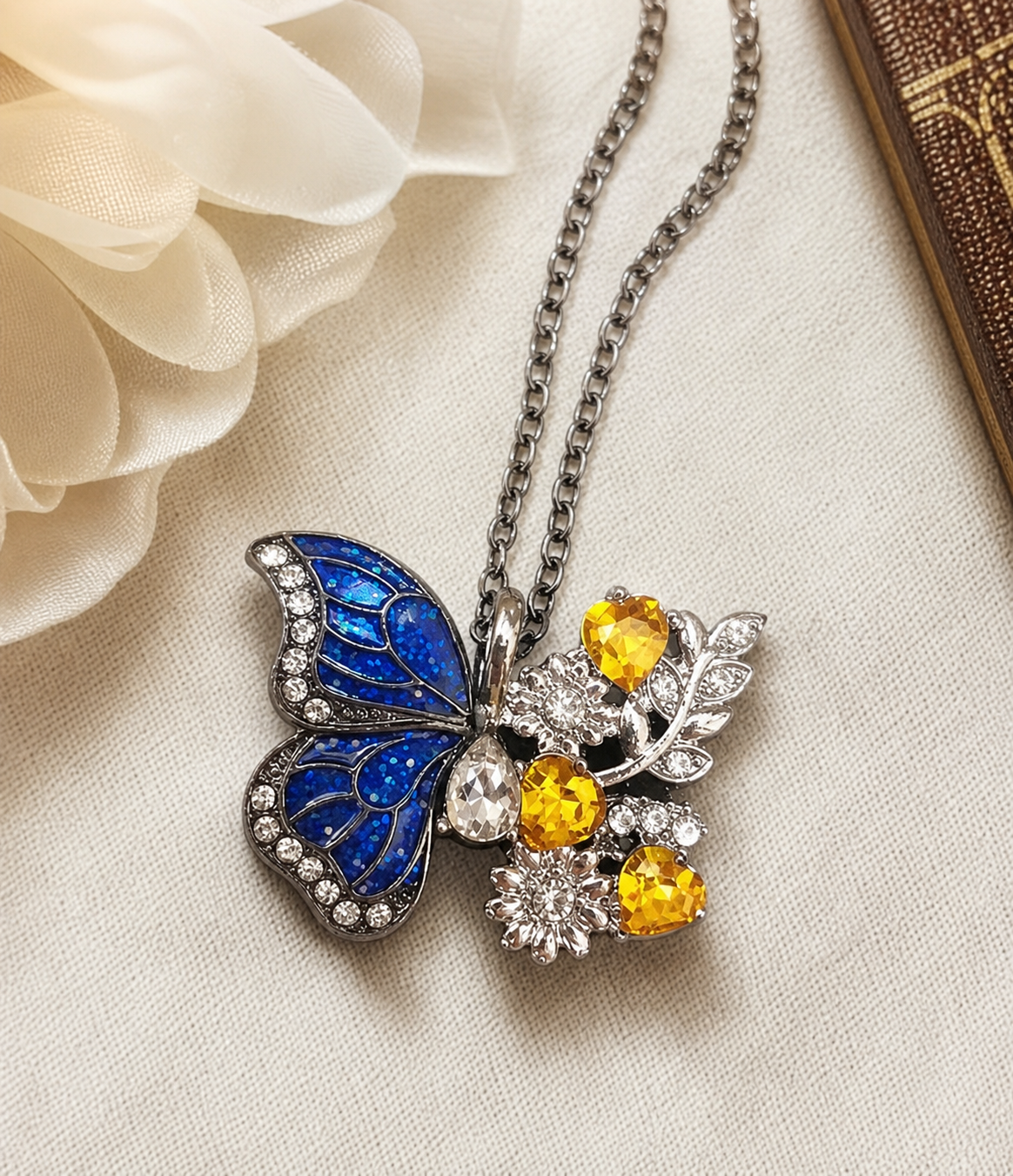 Blue Butterfly & Yellow Floral Necklace,Studio7Fashion