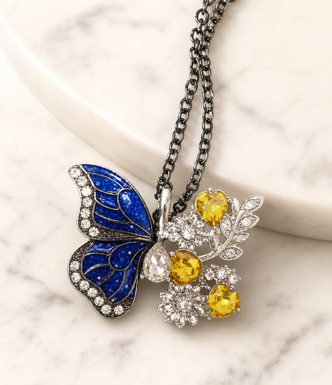 necklace, butterfly necklace, floral necklace, blue jewelry, yellow jewelry, nature jewelry, statement necklace, gift for her, Studio7Fashion,Studio7Fashion