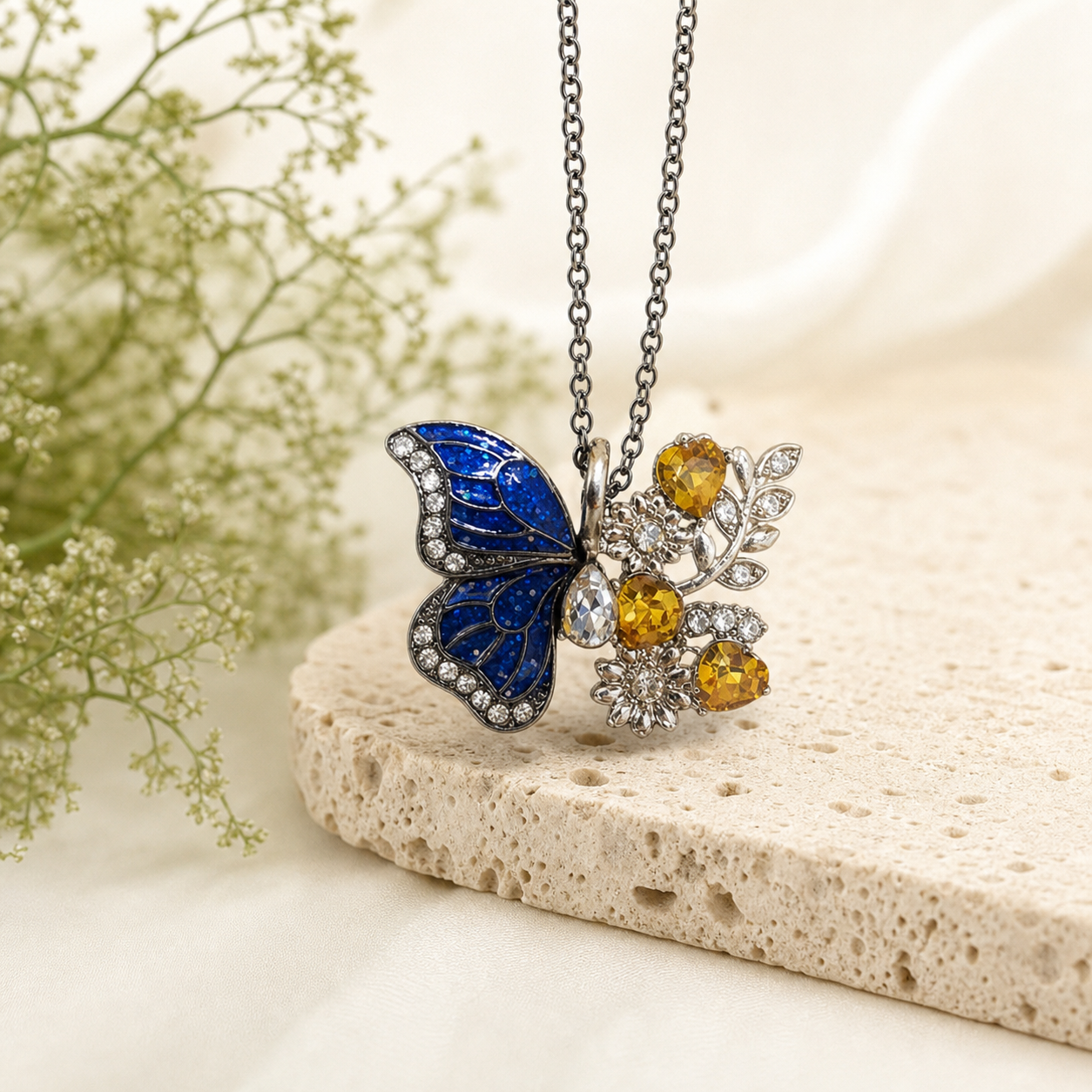 Blue Butterfly & Yellow Floral Necklace,Studio7Fashion