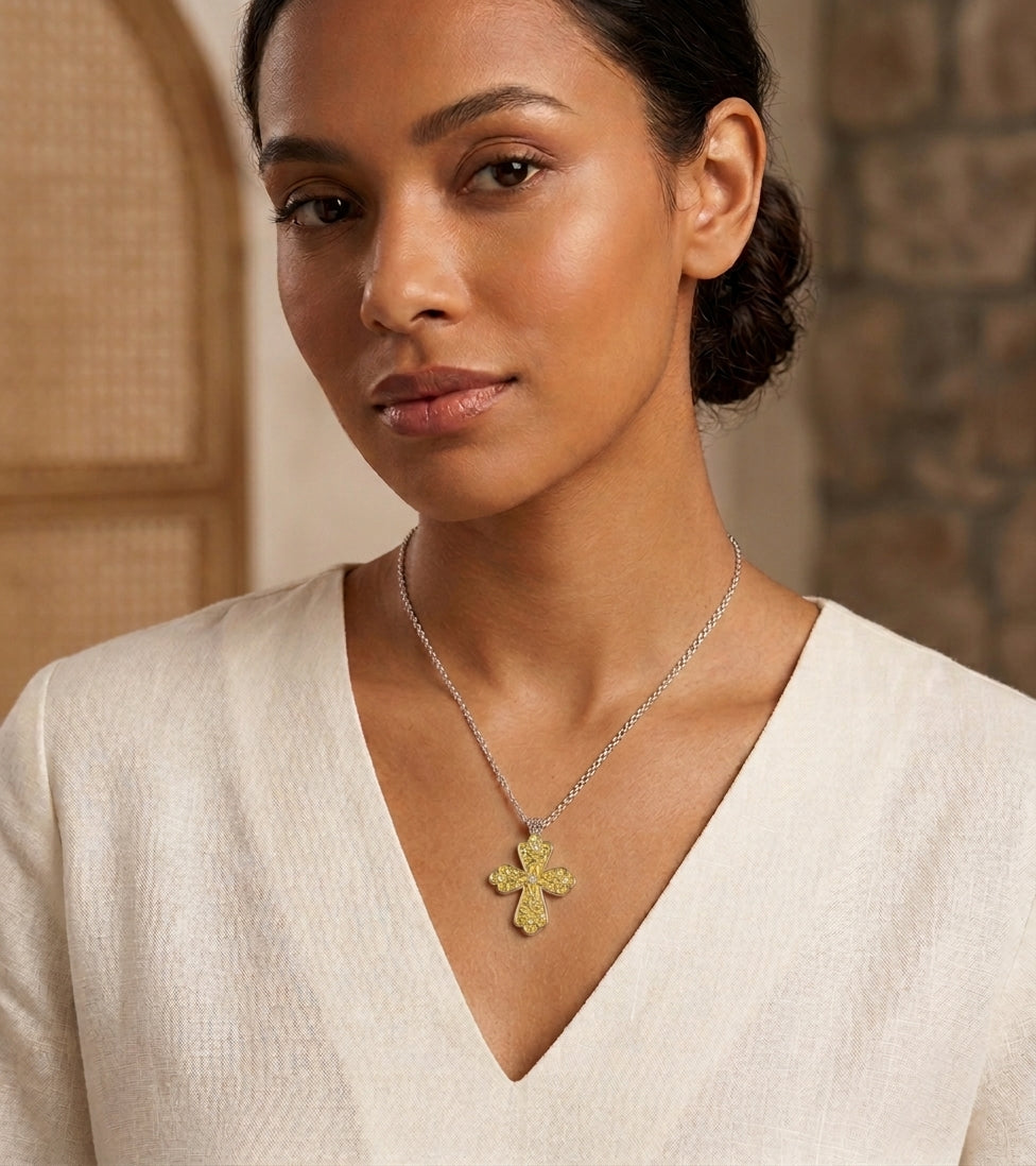 Gold-Tone Ornate Cross Necklace