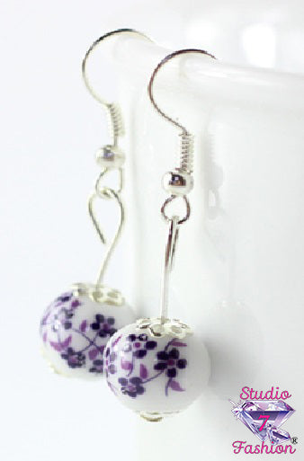 Purple Floral Ceramic Earrings