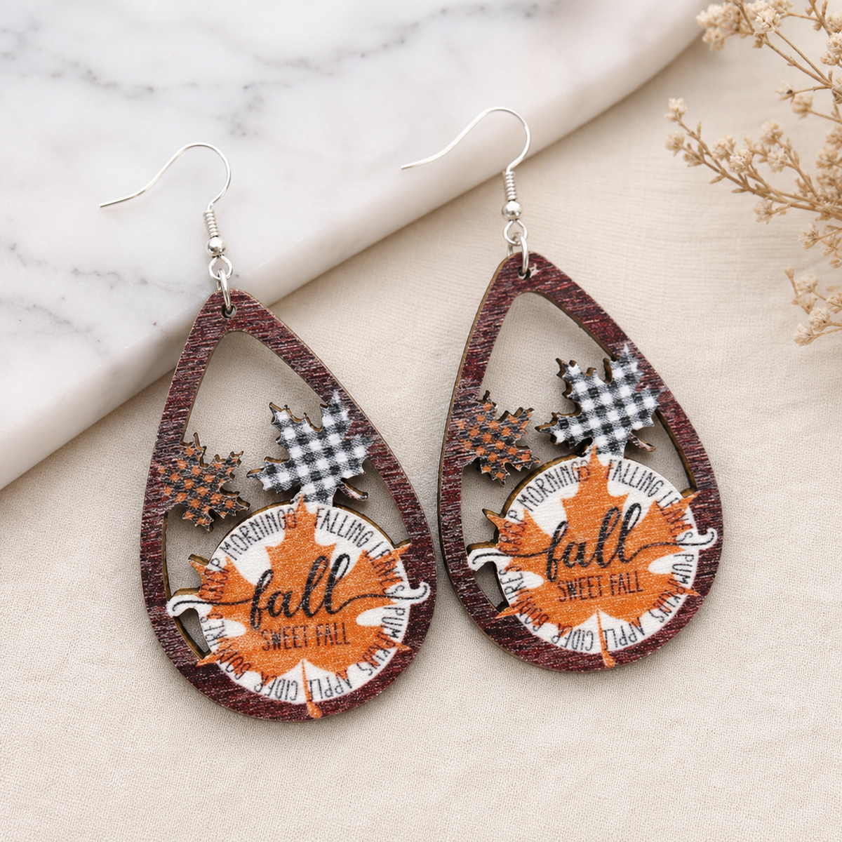 Fall Pumpkin Wooden Teardrop Earrings,Studio7Fashion