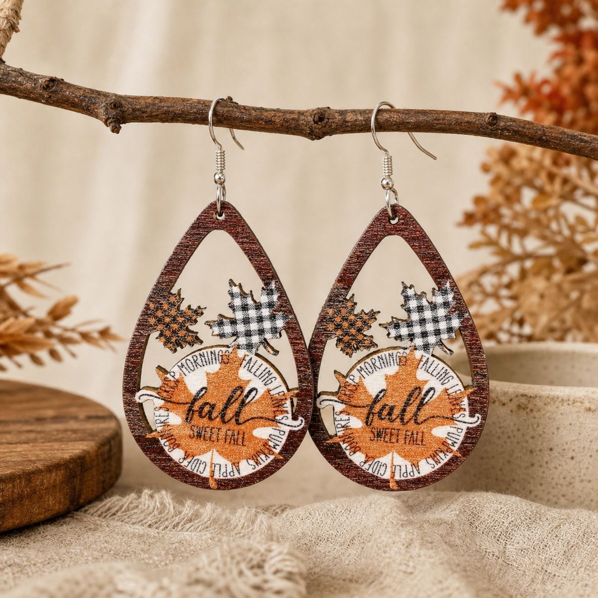 Fall Pumpkin Wooden Teardrop Earrings,Studio7Fashion