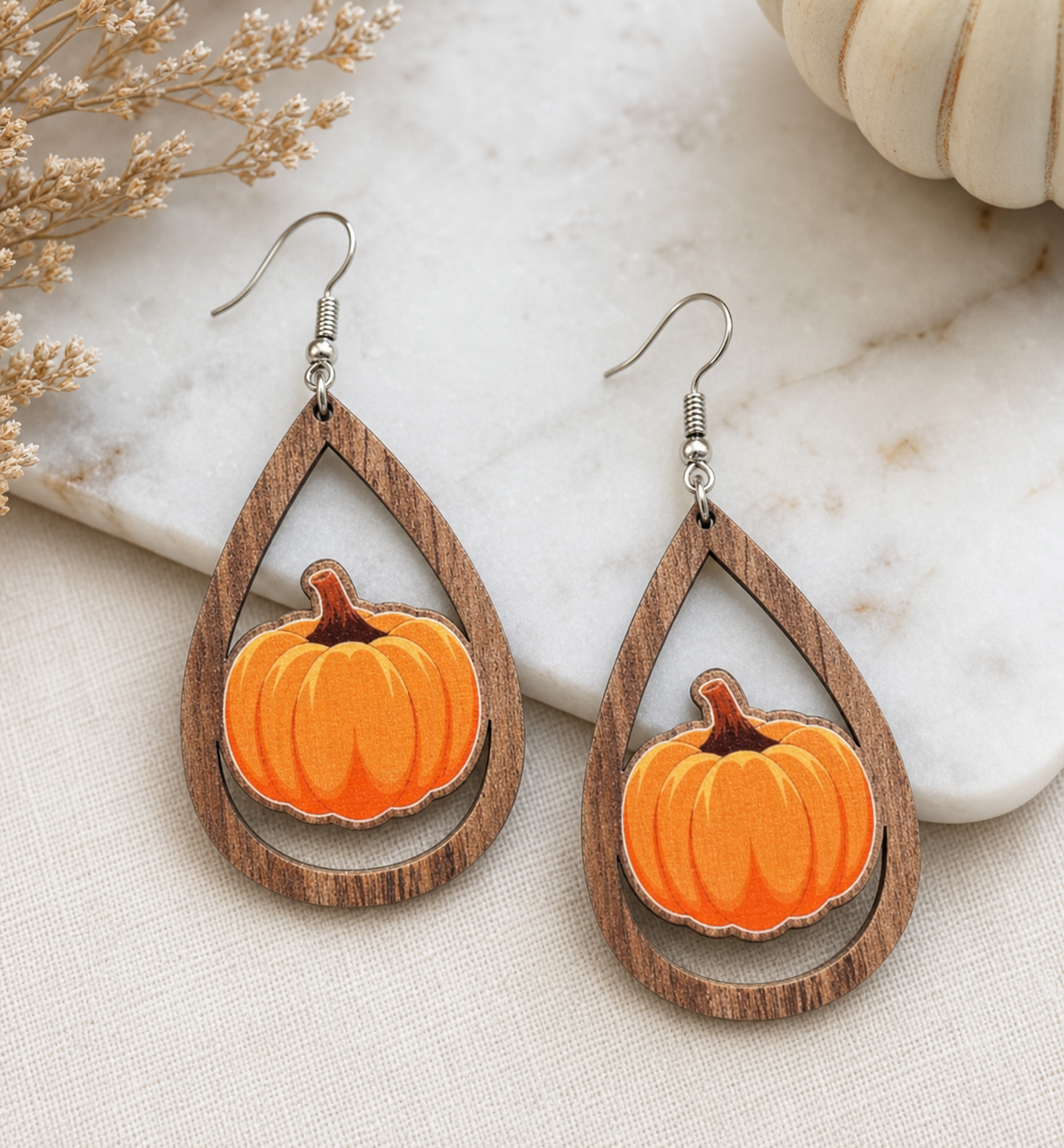 Wooden Pumpkin Teardrop Earrings,Studio7Fashion