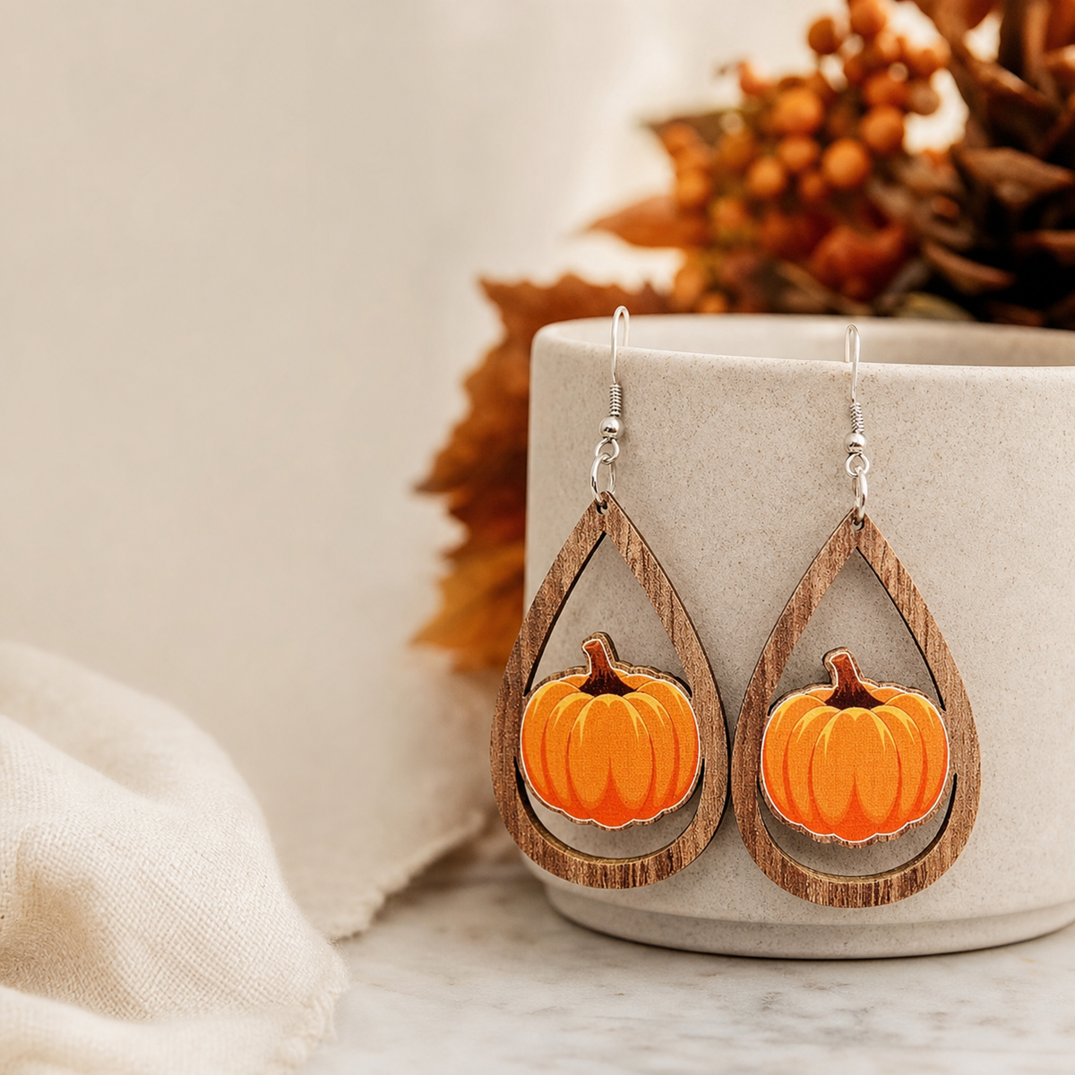Wooden Pumpkin Teardrop Earrings,Studio7Fashion