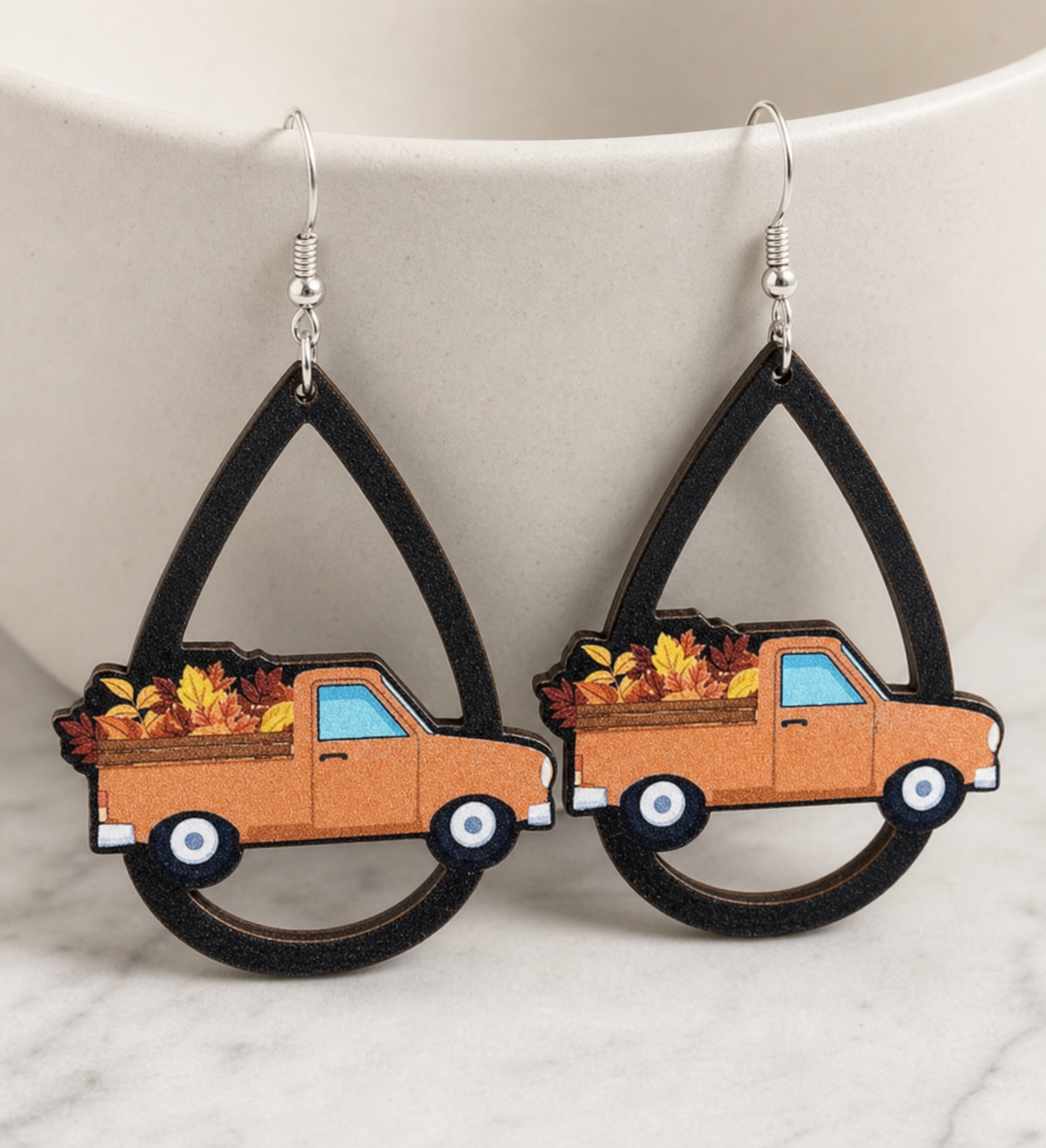 earrings, wooden earrings, fall earrings, autumn jewelry, pickup truck earrings, pumpkin earrings, seasonal accessories, statement earrings, gift,Studio7Fashion