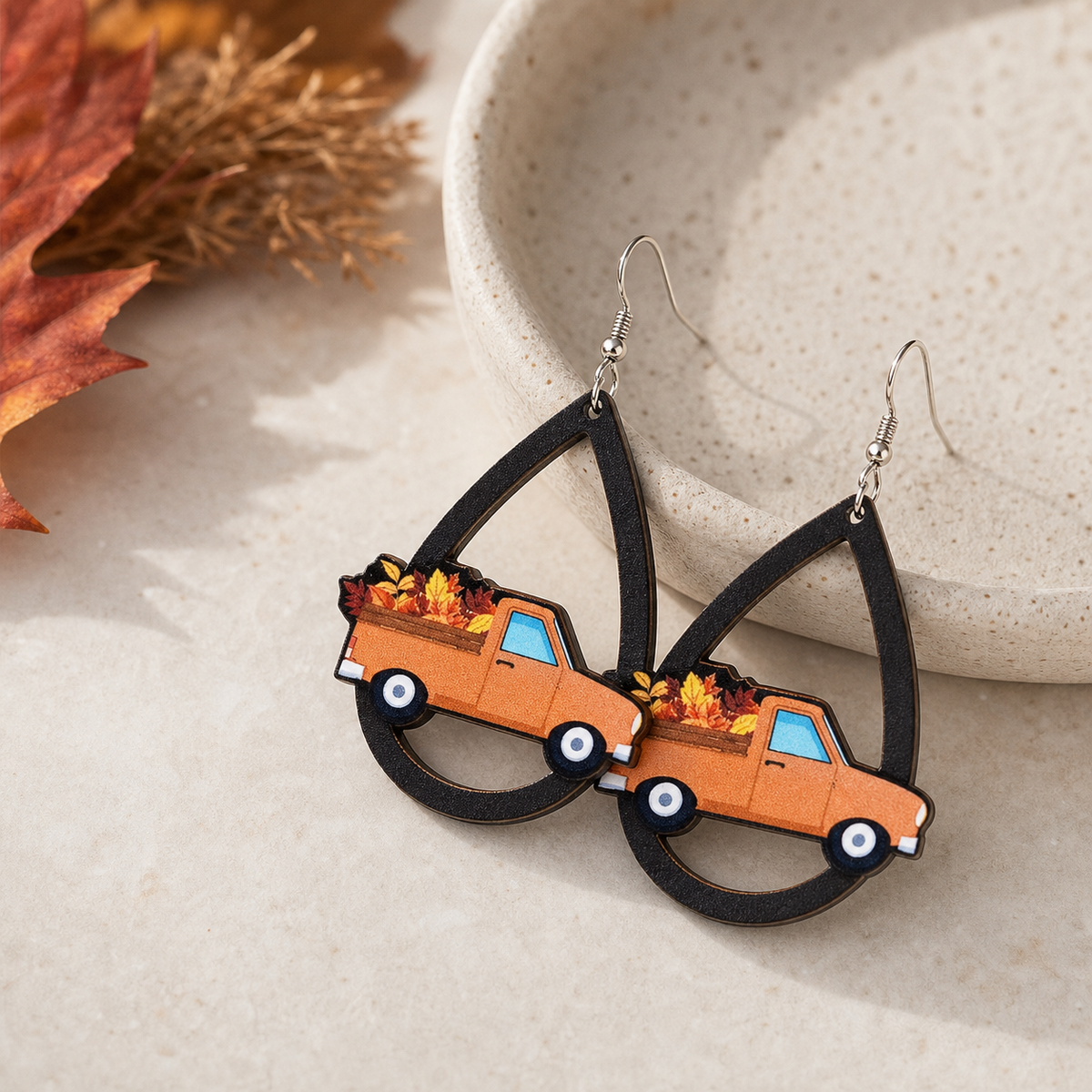 Wooden Orange Pickup Truck Fall Earrings,Studio7Fashion