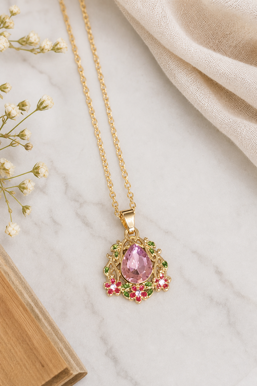 Pink Teardrop Floral Pendant Necklace,Studio7Fashion