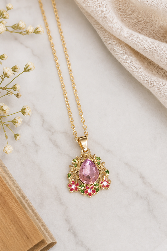 Pink Teardrop Floral Pendant Necklace,Studio7Fashion