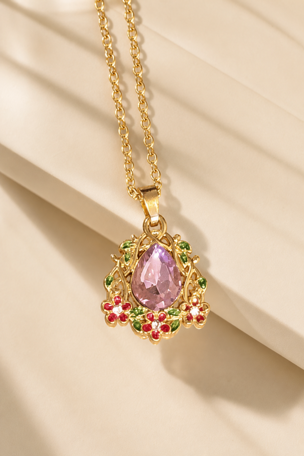 necklace, floral necklace, pink necklace, teardrop pendant, gold-tone jewelry, colorful jewelry, women's jewelry, gift jewelry,Studio7Fashion