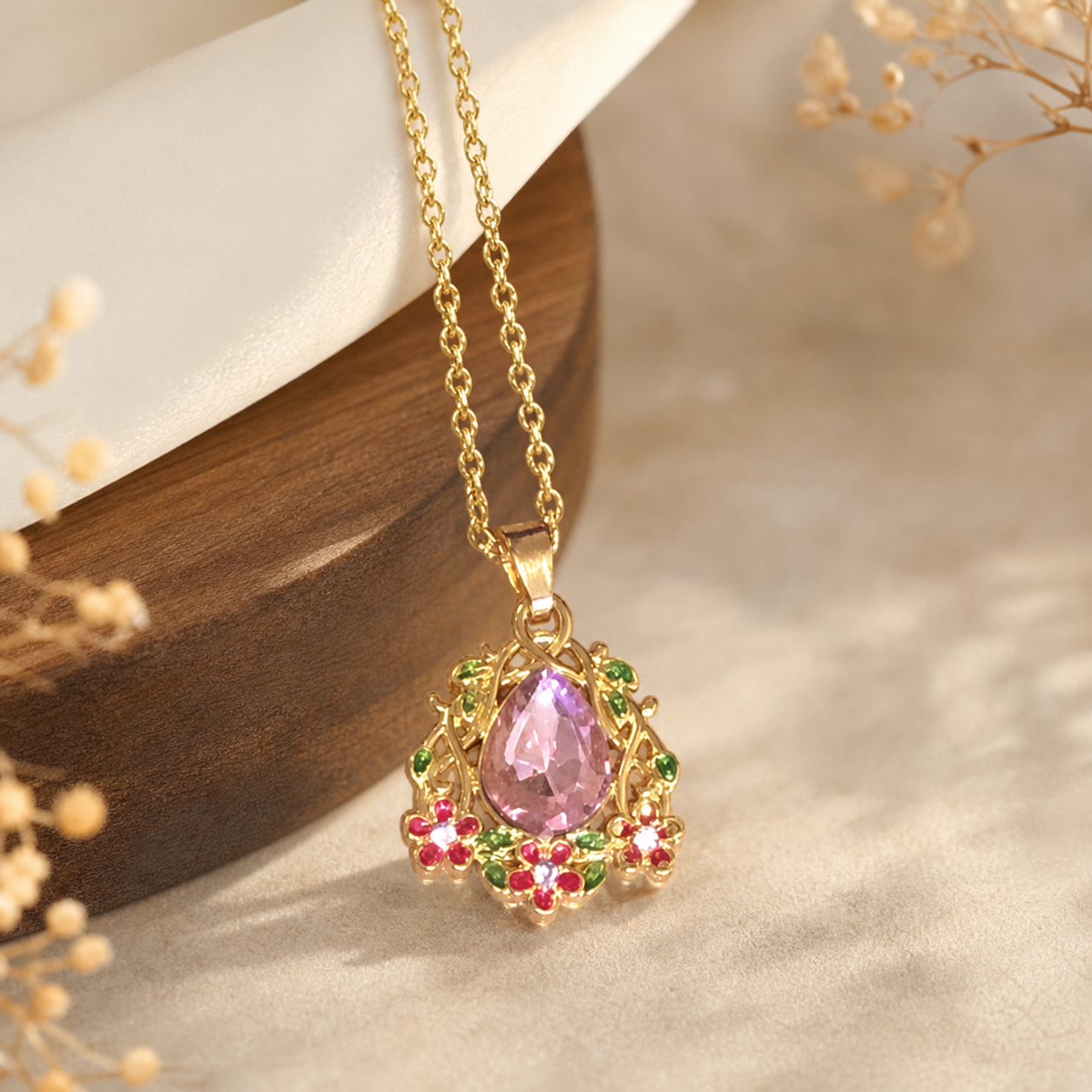 Pink Teardrop Floral Pendant Necklace,Studio7Fashion