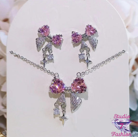 Perfectly Pink Bow and Stars Necklace Earring Set