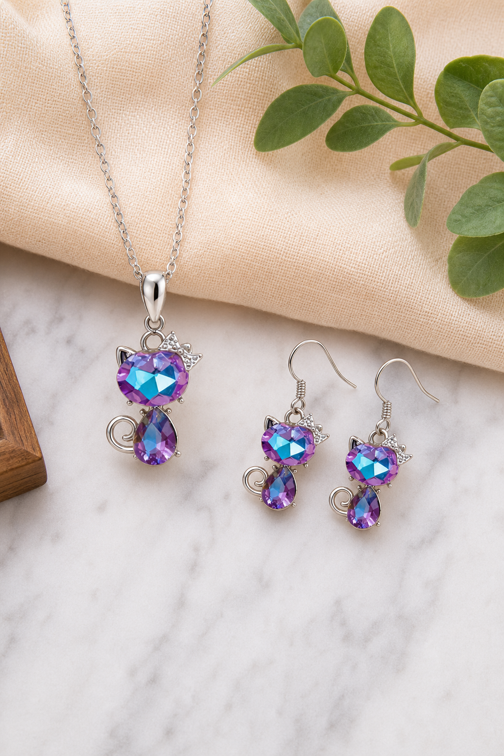 Purple & Blue Cat Necklace and Earring Set,Studio7Fashion