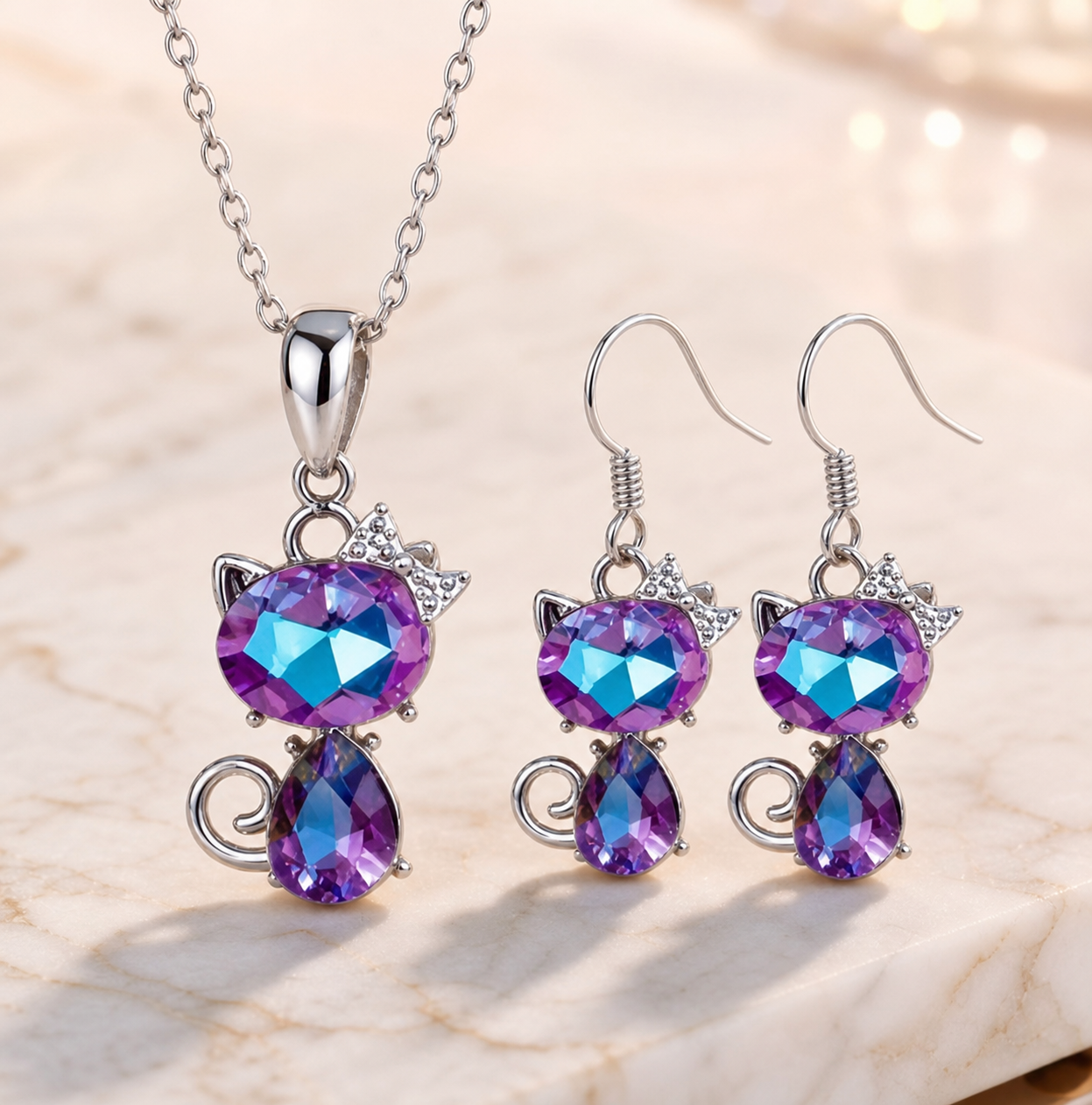 jewelry set, necklace and earrings, cat jewelry, purple jewelry, blue jewelry, colorful jewelry, statement jewelry, gift for cat lover, silver-tone jewelry, Studio7Fashion,Studio7Fashion