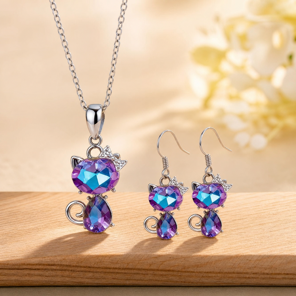Purple & Blue Cat Necklace and Earring Set,Studio7Fashion
