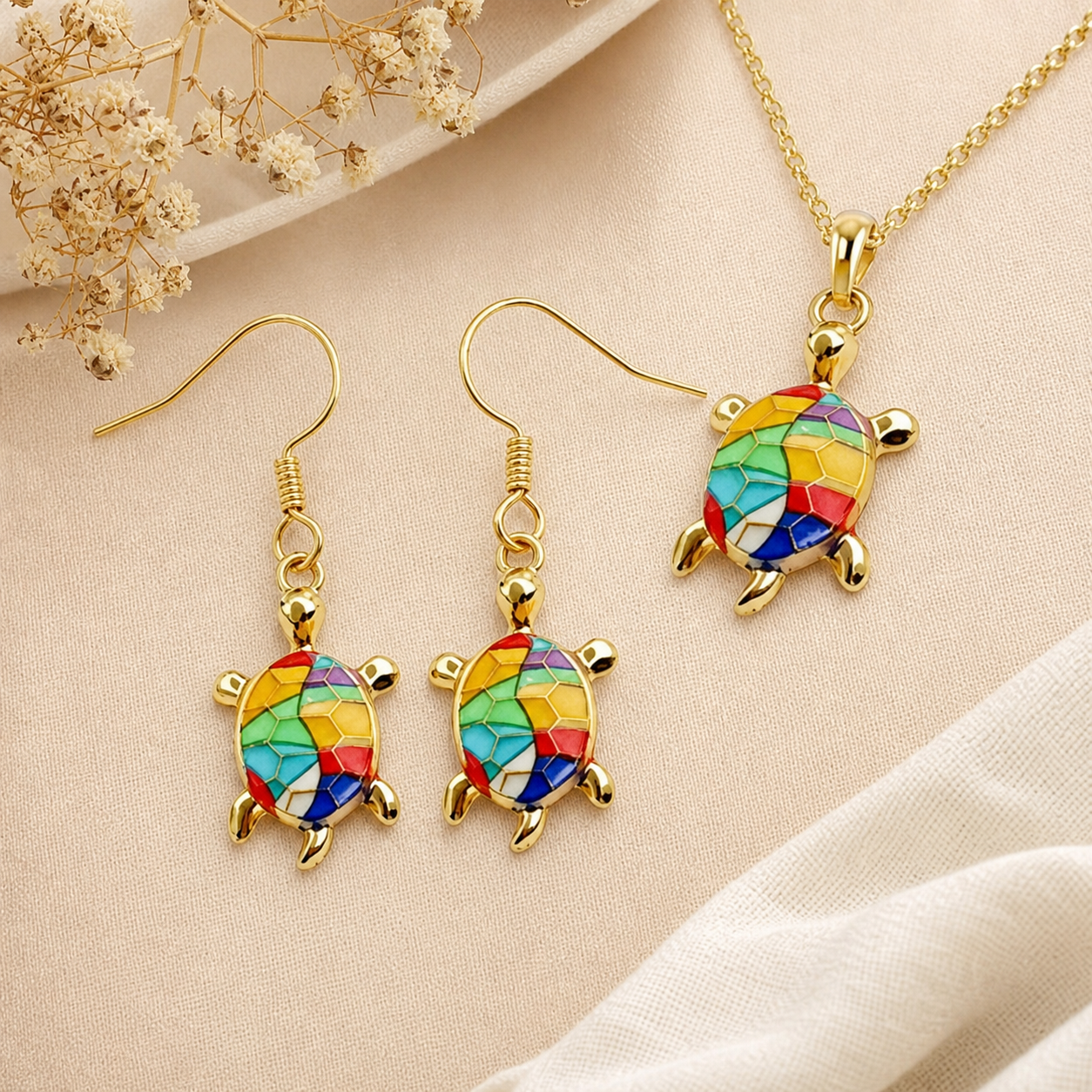 Colorful Mosaic Turtle Necklace and Earrings Set,Studio7Fashion