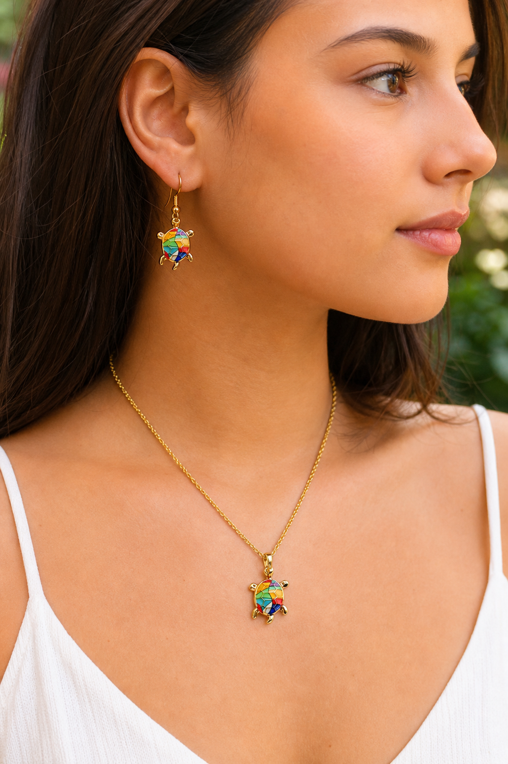 Colorful Mosaic Turtle Necklace and Earring Set,Studio7Fashion
