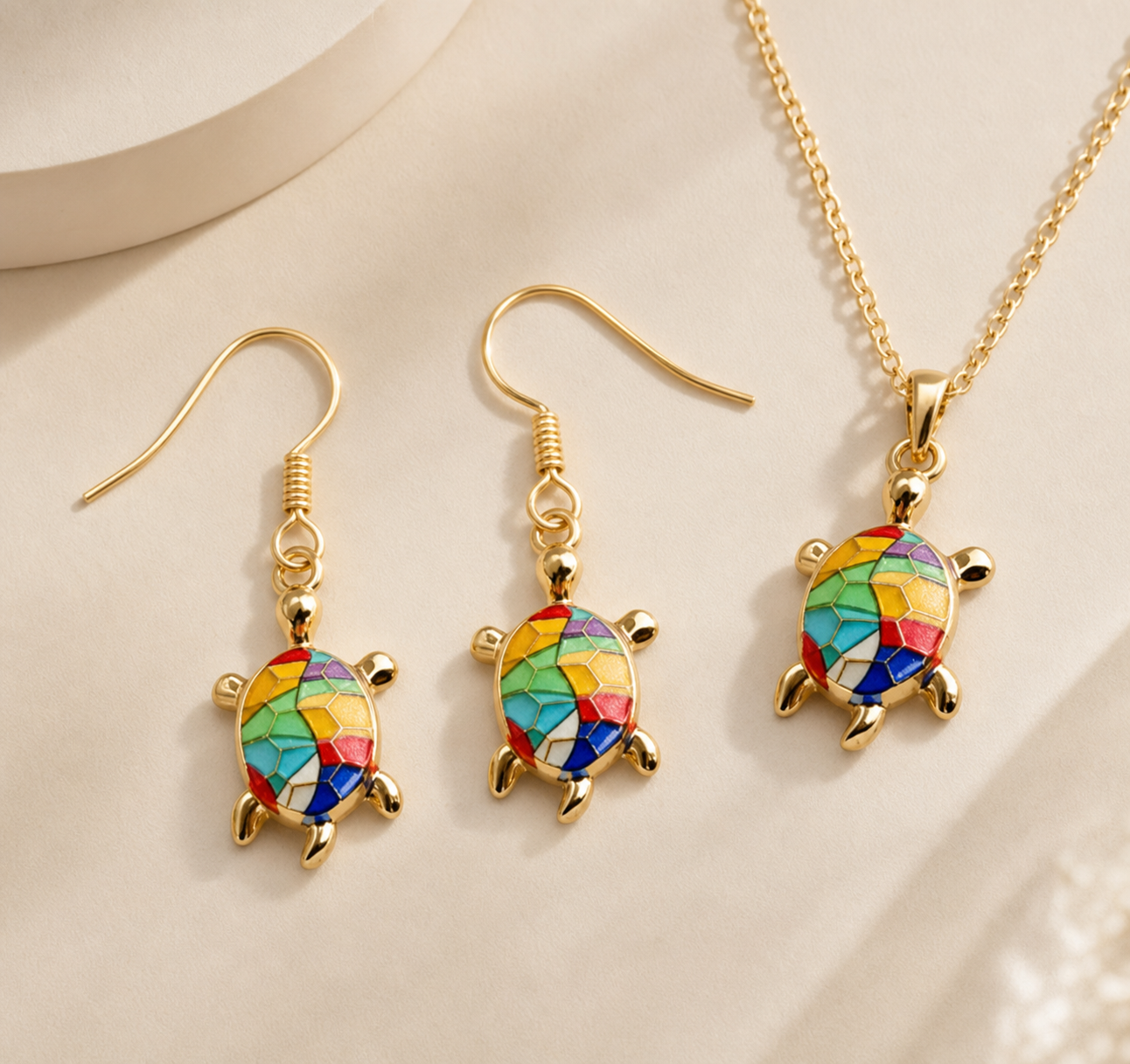 jewelry set, necklace and earrings set, turtle jewelry, turtle necklace, turtle earrings, colorful jewelry, mosaic jewelry, gold-tone jewelry, statement jewelry, gift for her,Studio7Fashion