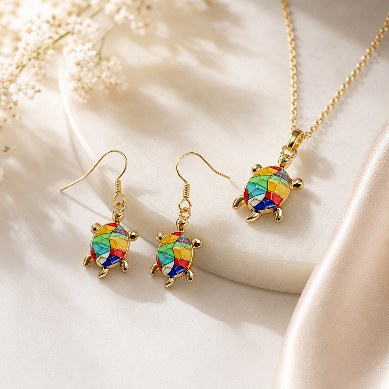 Colorful Mosaic Turtle Necklace and Earrings Set,Studio7Fashion