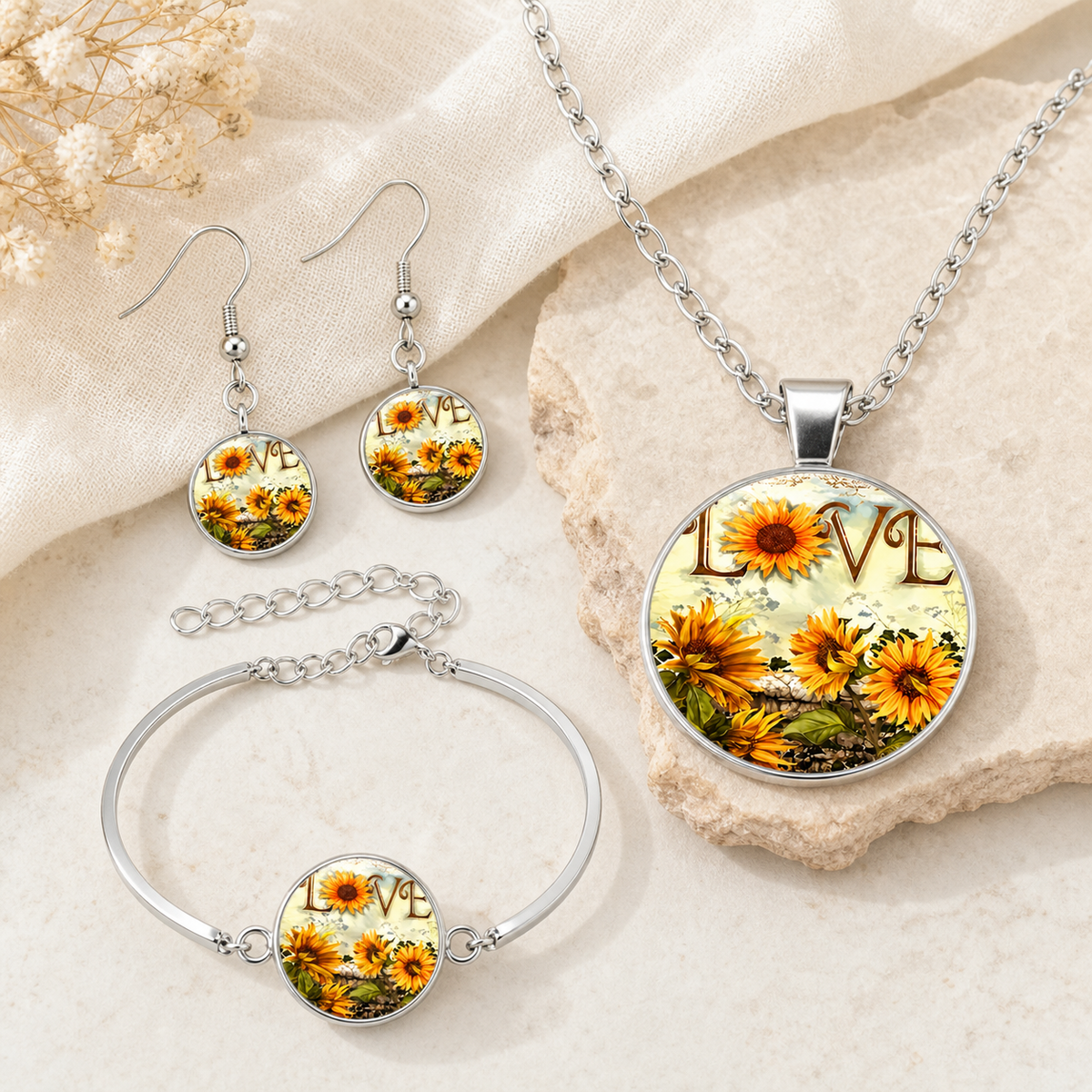 Sunflower LOVE Silver Jewelry Set,Studio7Fashion