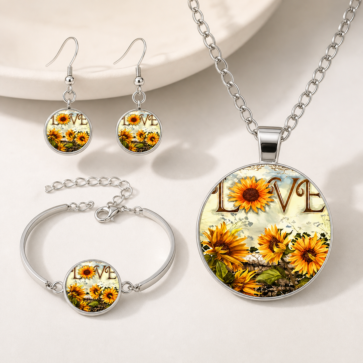 jewelry set, sunflower jewelry, floral jewelry, LOVE jewelry, silver jewelry, necklace set, earrings and bracelet, women's jewelry, gift, everyday wear,Studio7Fashion