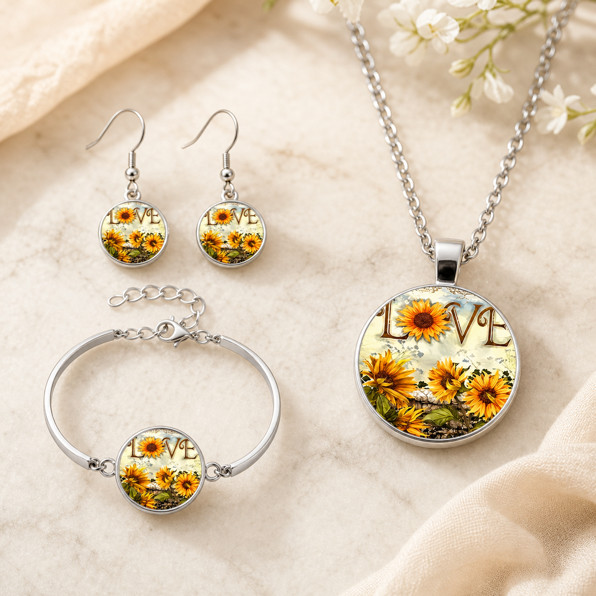 Sunflower LOVE Silver Jewelry Set,Studio7Fashion