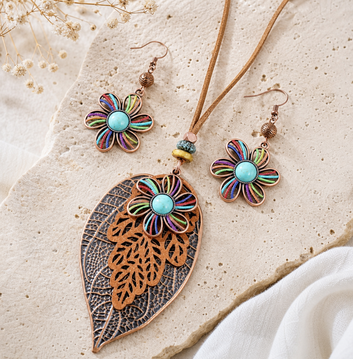 Colorful Leaf Pendant Necklace and Earrings Jewelry Set,Studio7Fashion