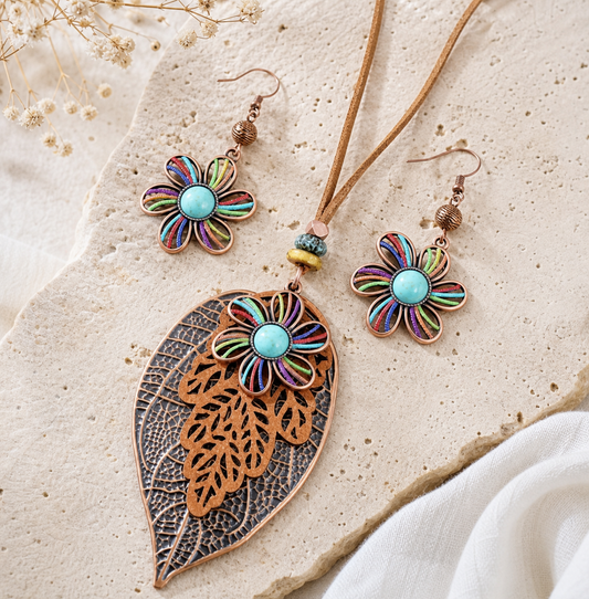 Colorful Leaf Pendant Necklace and Earrings Jewelry Set,Studio7Fashion