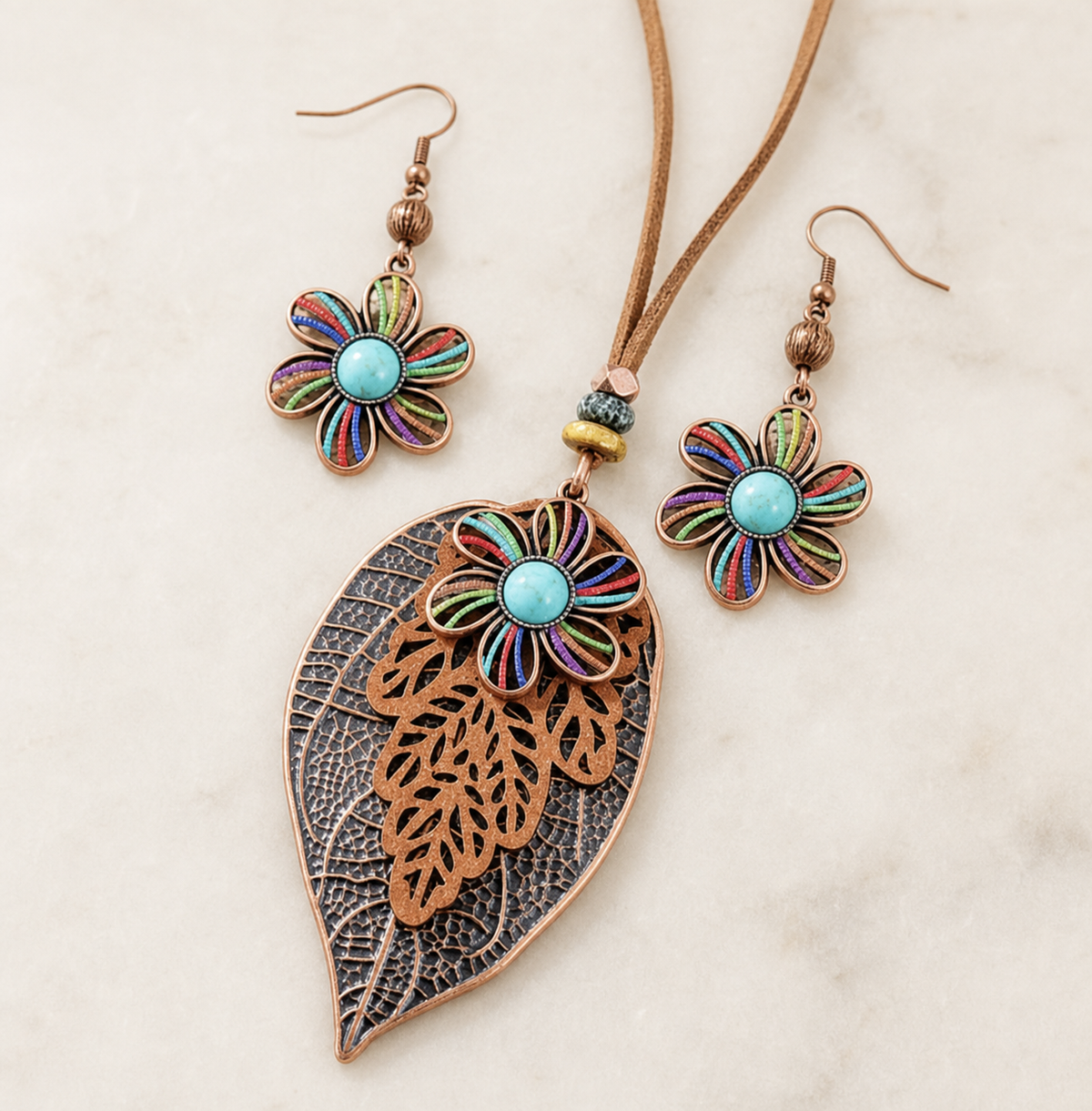 jewelry set, necklace and earrings, leaf jewelry, floral earrings, botanical jewelry, colorful jewelry, faux leather cord, turquoise, nature inspired, women's jewelry, gift,Studio7Fashion