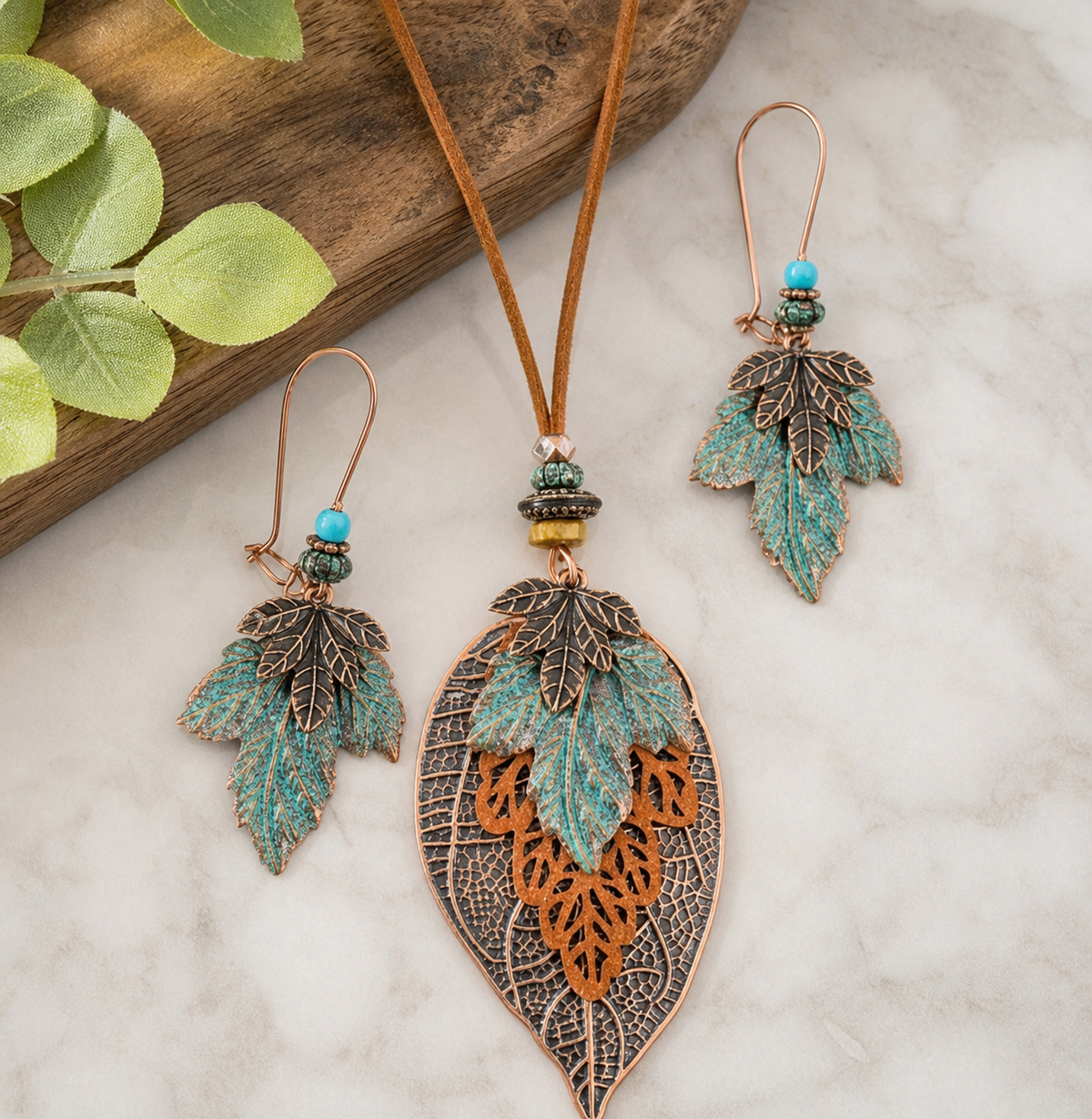 Turquoise Feather Pendant Necklace and Earrings Jewelry Set,Studio7Fashion