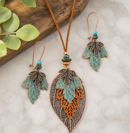 Turquoise Feather Pendant Necklace and Earrings Jewelry Set,Studio7Fashion