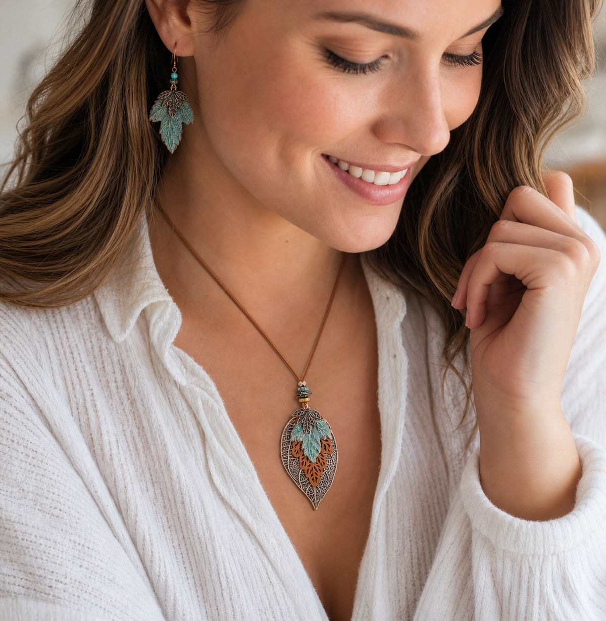 Turquoise Feather Pendant Necklace and Earrings Set,Studio7Fashion
