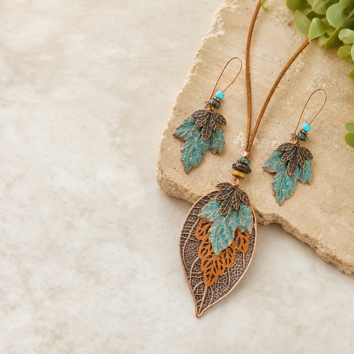 Turquoise Feather Pendant Necklace and Earrings Jewelry Set,Studio7Fashion