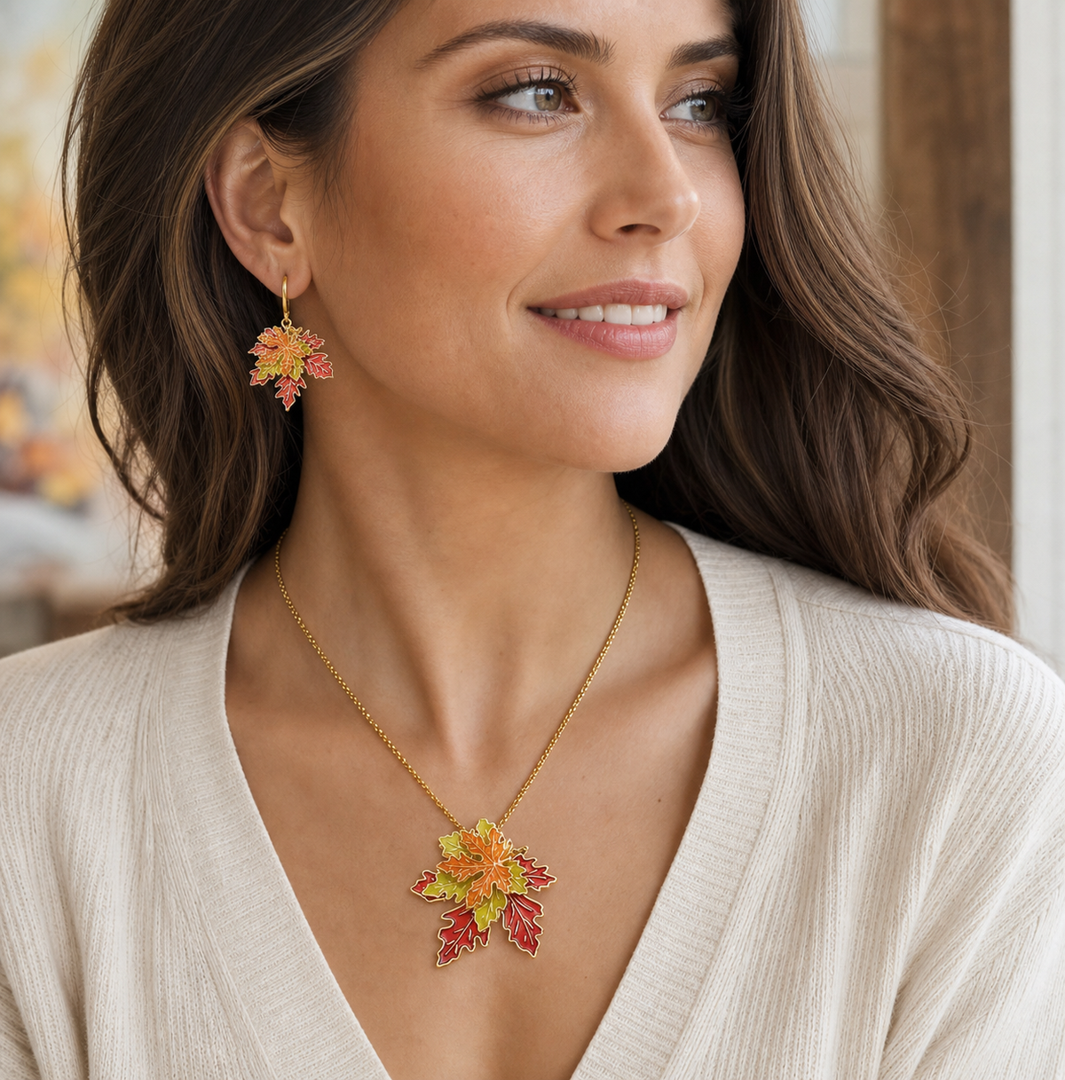 Multicolor Leaf Necklace and Earrings Jewelry Set,Studio7Fashion