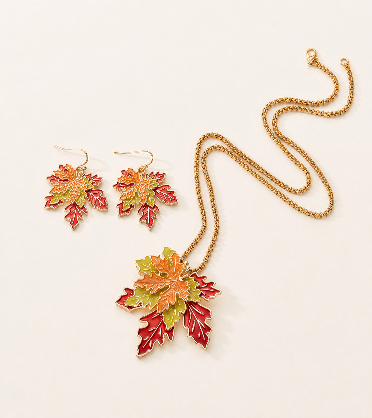 jewelry set, necklace and earrings, leaf jewelry, multicolor jewelry, gold jewelry, red jewelry, orange jewelry, green jewelry, autumn jewelry, fall accessories, gift jewelry, women's jewelry,Studio7Fashion