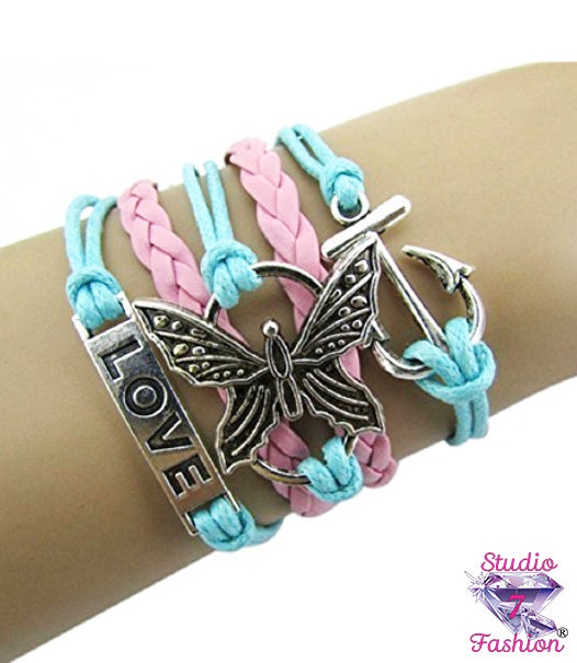 Butterfly Love Anchor Leatherette Bracelet