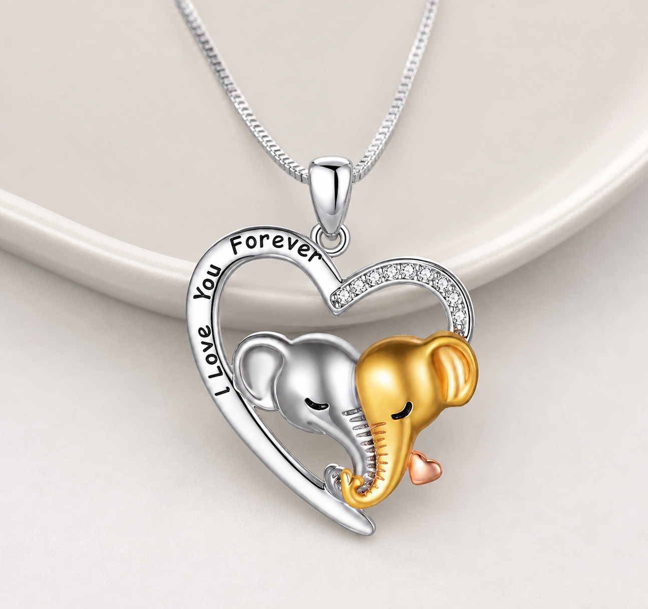 necklace, heart necklace, elephant necklace, I Love You Forever, love jewelry, sentimental jewelry, gift necklace, silver necklace, gold tone, rose gold tone, everyday jewelry,Studio7Fashion