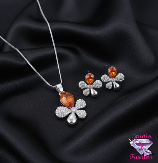 Retro Flower Orange Rhinestone Necklace Earring Set