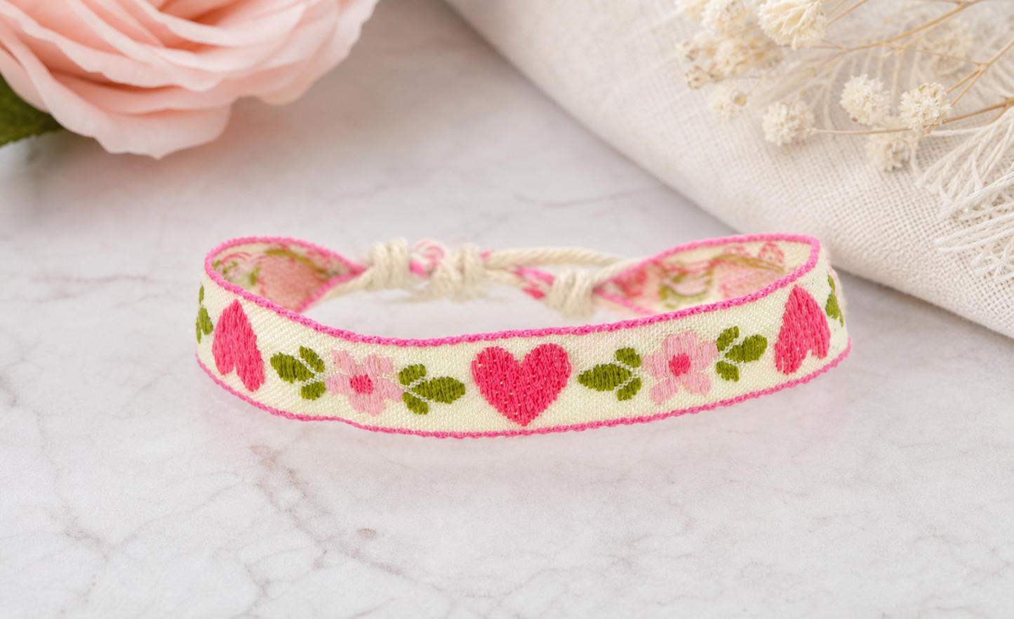 Pink Heart & Floral Woven Bracelet,Studio7Fashion